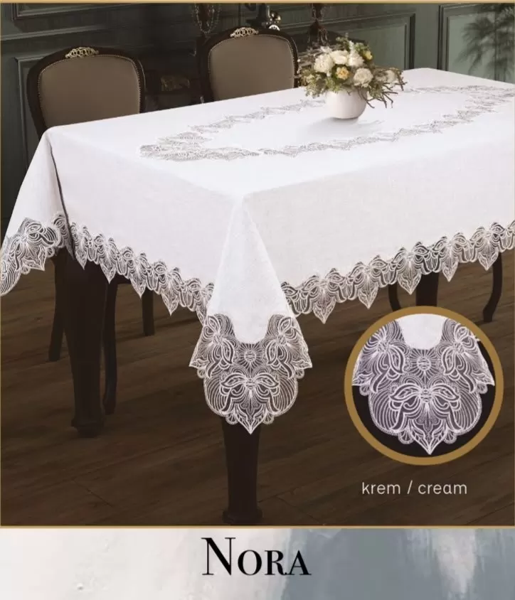 Nora Model 155x260 cm Keten Masa Örtüsü Krem-Krem Tablecloth Şık Ev Dekoru