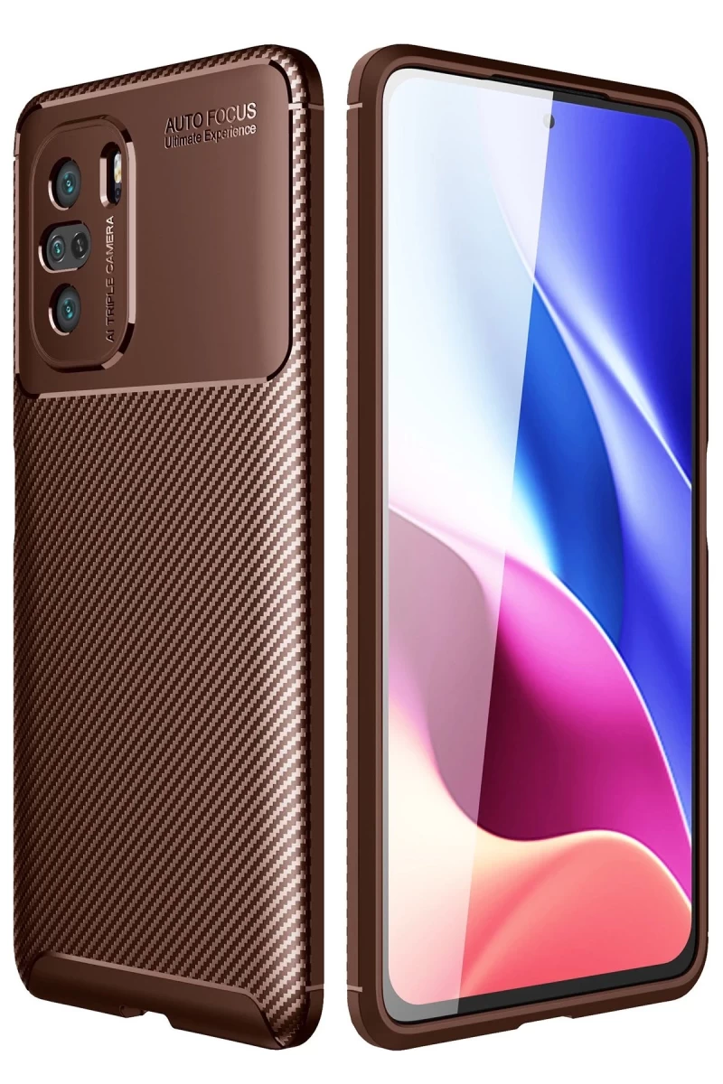 Xiaomi Poco F3 Uyumlu Kılıf Auto Focus Karbon Kapak - Kahverengi