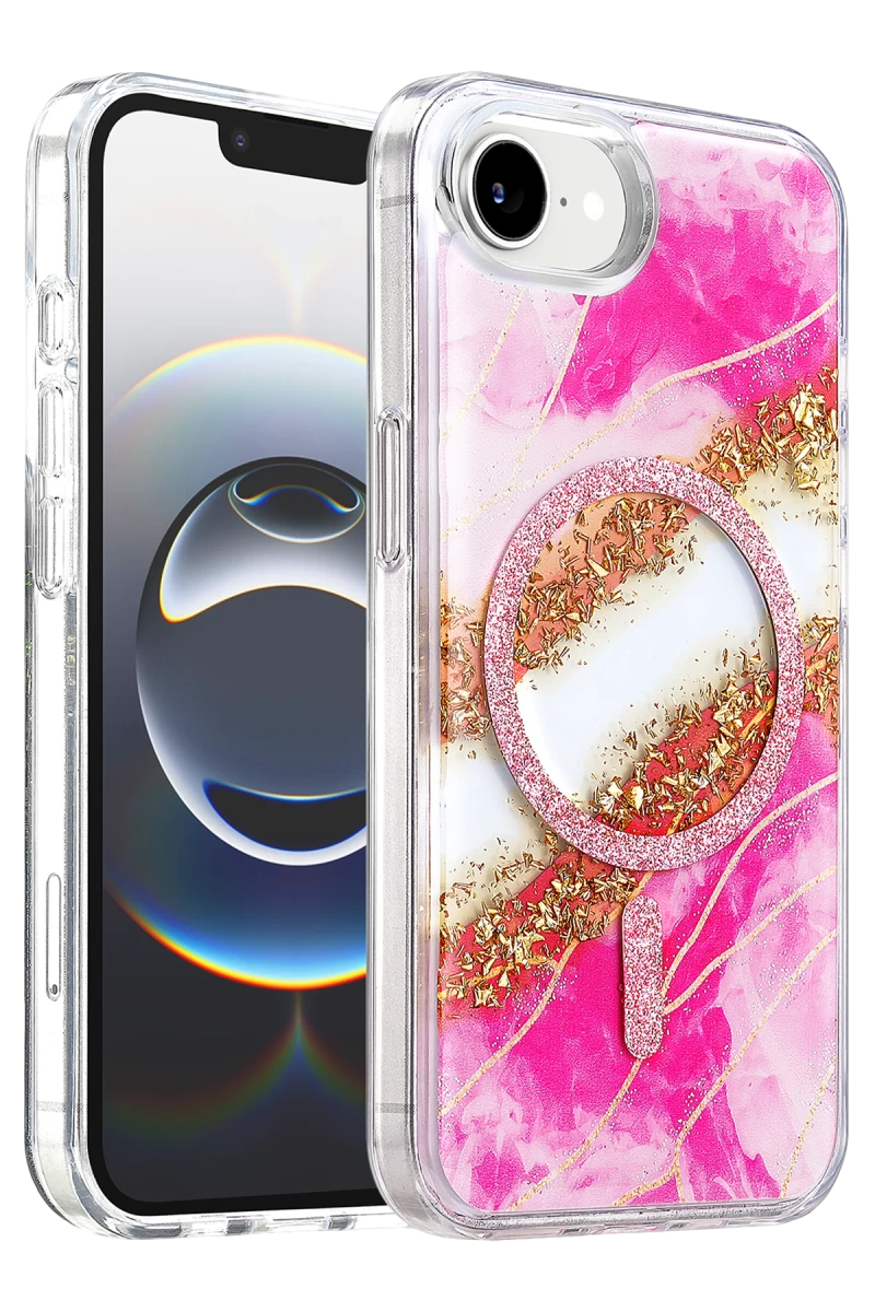 Onegif Apple iPhone 17E Uyumlu Lotus Simli Magsafe Kapak - Pembe