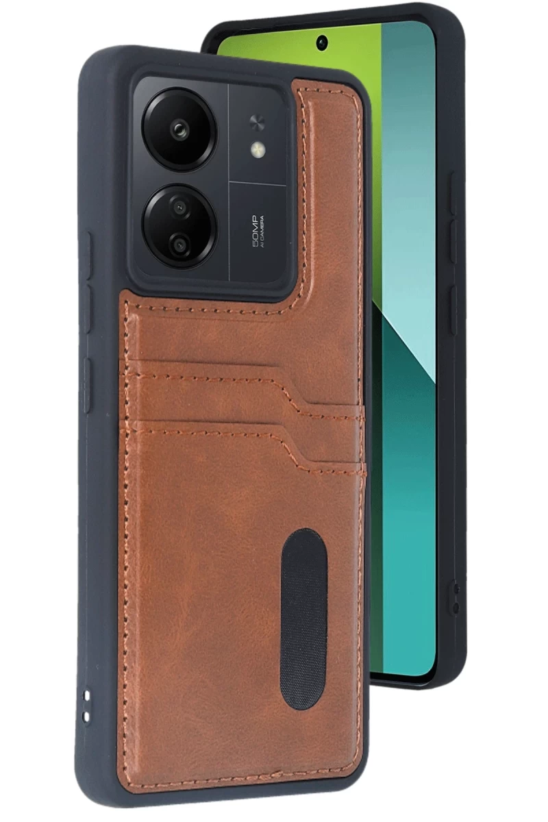 Xiaomi Redmi 13C Uyumlu Kılıf Sara Kartvizitli Deri Kılıf - Taba