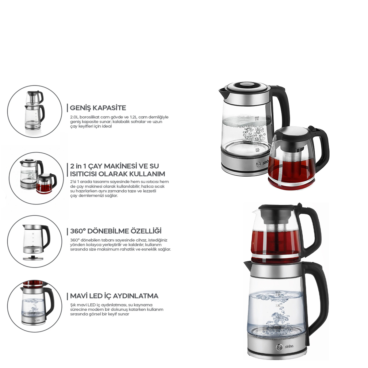 2'si 1 Arada Elektrikli Çay Makinesi ve Kettle 2L+1.2L Çelik