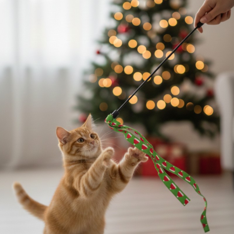 Yılbaşı Temalı Kedi Oyun Oltası – Yeşil