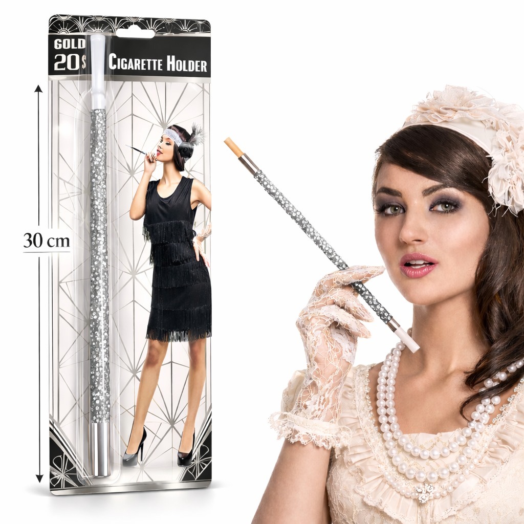 30 cm Gümüş Payetli Sigara Tutacağı ? 1920?ler Gatsby Parti Aksesuarı