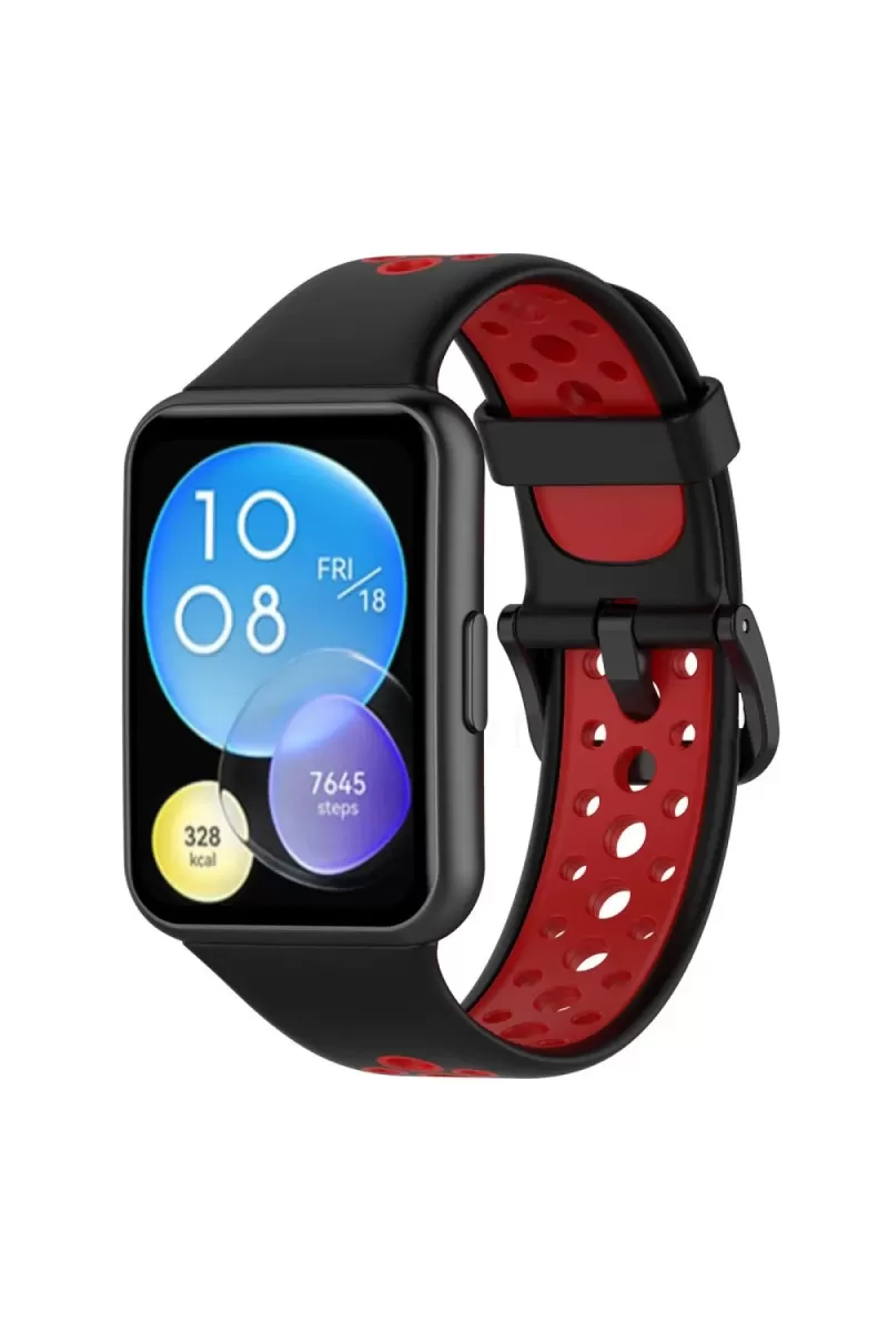 Huawei Watch Fit 2 Spor Delikli Kordon - Siyah-Kırmızı