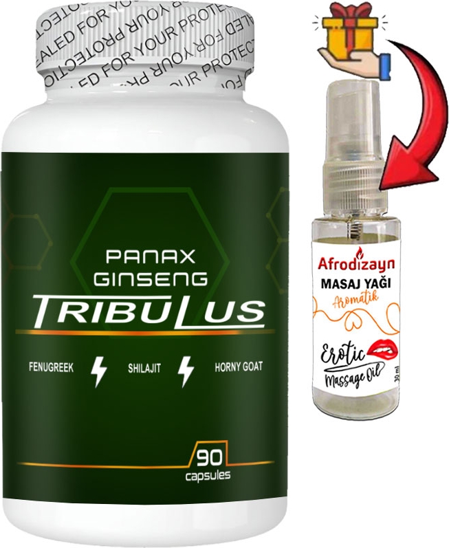 Panax: 1 Adet Panax Ginseng Tribuluslu Fenugreekli Shilajitli Hornygoatlı 90 Lı Erkeklere Özel Kapsüller + 30 ml Afrodizayn Masaj Yağı