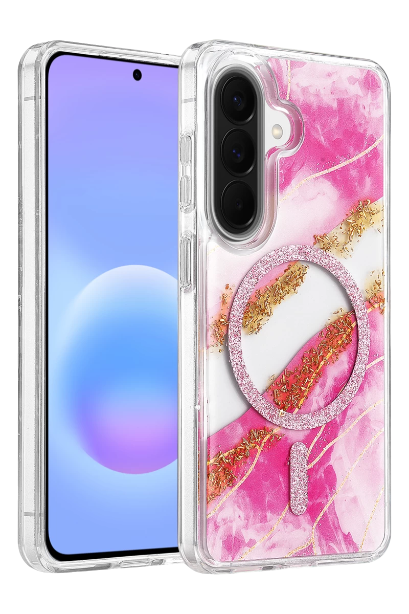 Onegif Samsung Galaxy A57 5G Uyumlu Lotus Simli Magsafe Kapak - Pembe