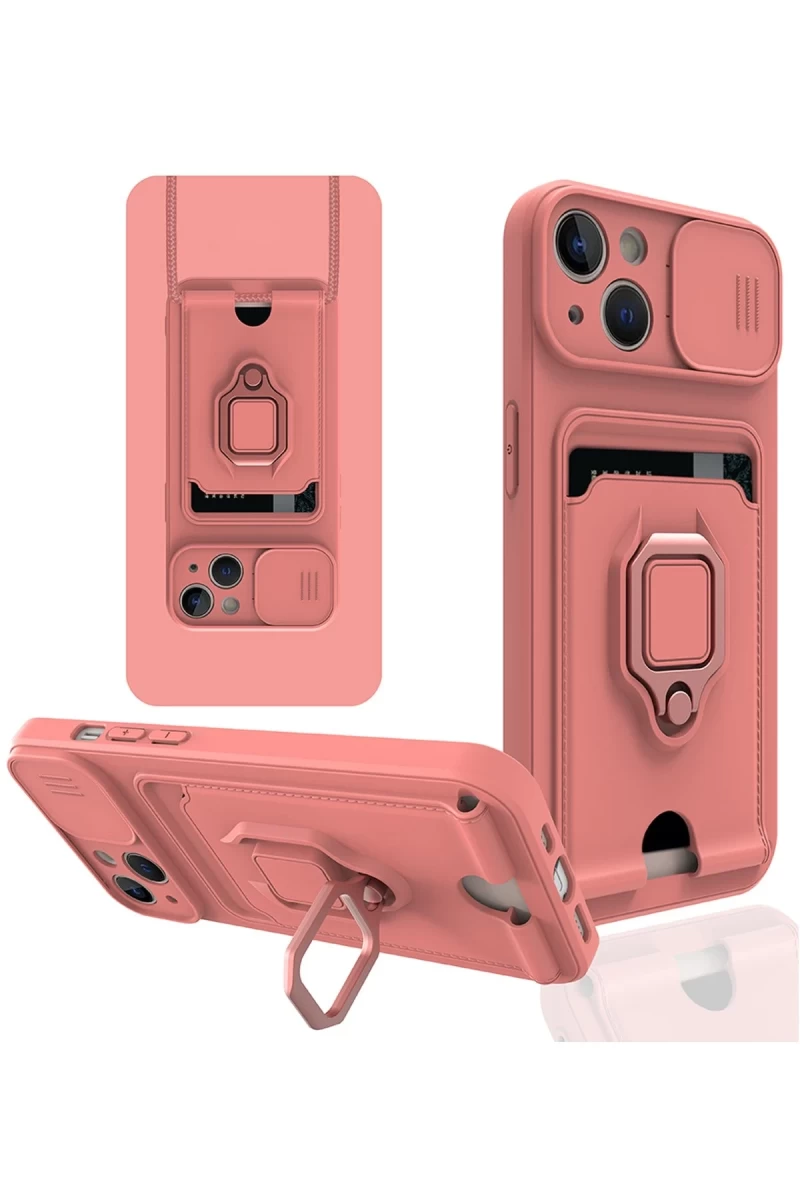 Apple iPhone 15 Uyumlu Kılıf Zuma Kartvizitli Yüzüklü Silikon - Pembe
