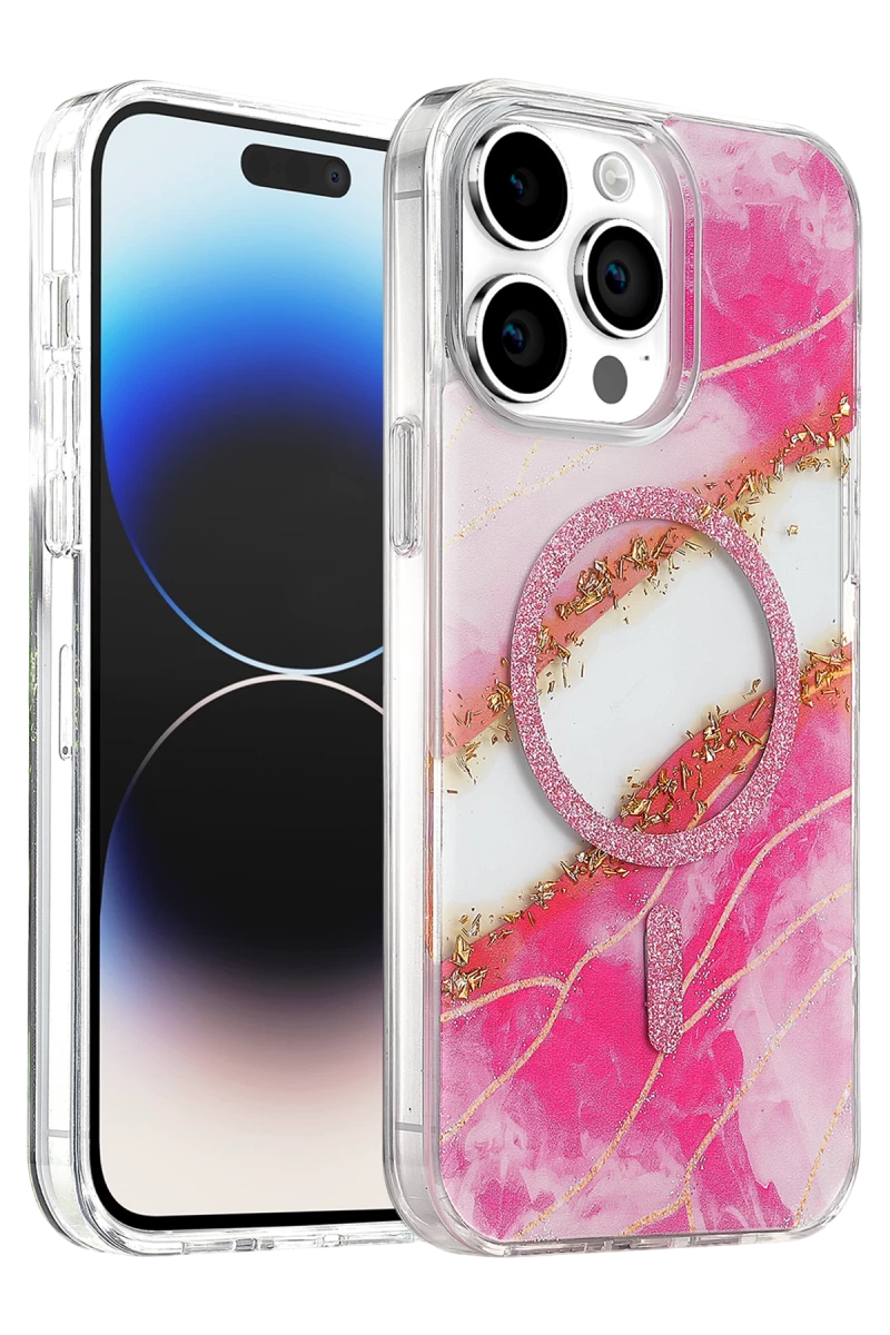 Onegif Apple iPhone 15 Pro Max Uyumlu Lotus Simli Magsafe Kapak - Pembe