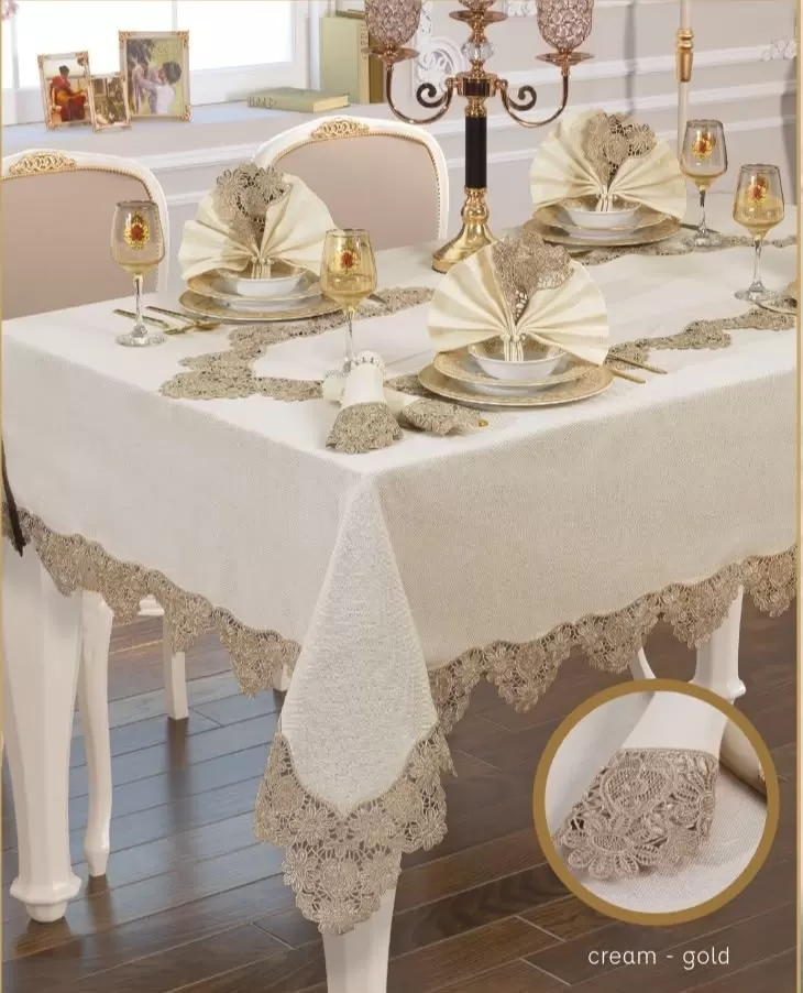 El İşi Angles Flora 17 Parça 8 Kişilik165 × 265 cm Krem-Gold Masa Takımı