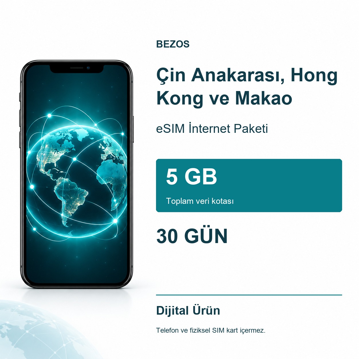Çin Anakarası, Hong Kong ve Makao eSIM İnternet Paketi 5 GB 30 Gün