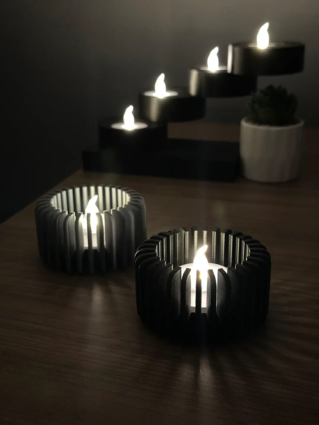 3D Baskı Modern Çizgili Mumluk - Tealight Mumluk (1 Adet)-Gri