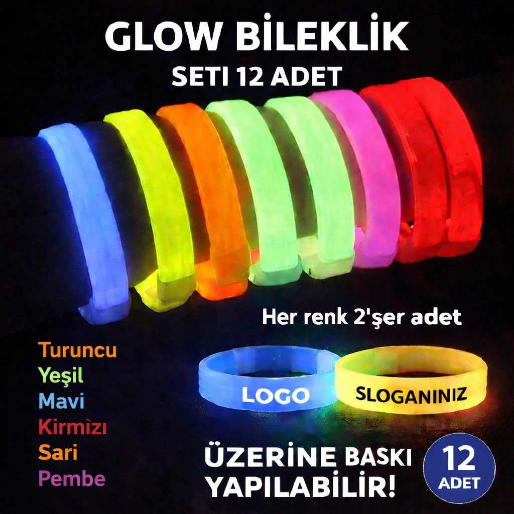 Glow Kalın Bileklik 12?li Set | Baskıya Uygun Renkli Model