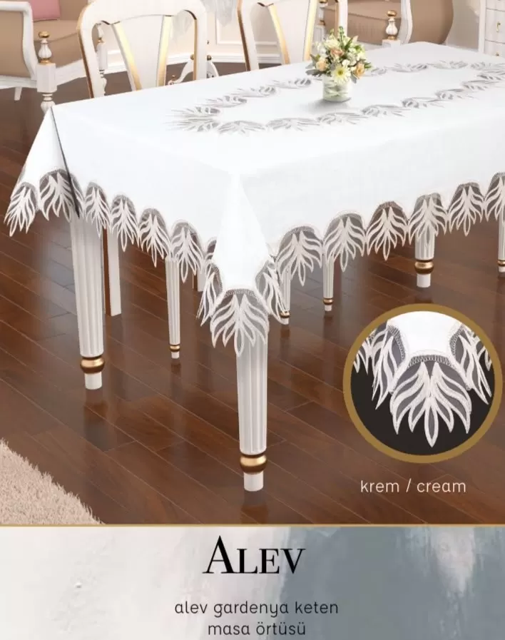 Gardenya Keten Tek Masa Örtüsü 140x180 cm Dantelli Yemek Masası Örtüsü Alev Model Krem