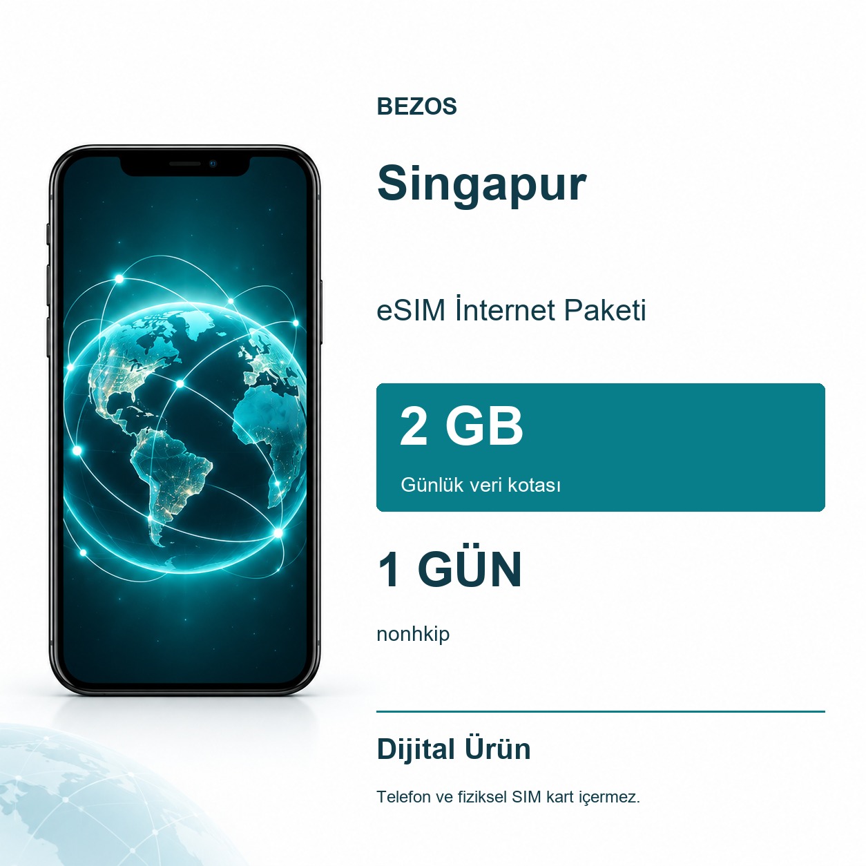 Singapur eSIM İnternet Paketi Günlük 2 GB 1 Gün - nonhkip