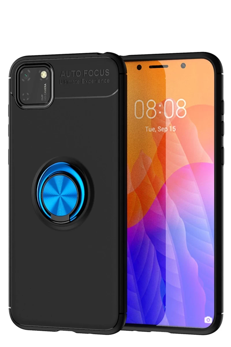 Huawei Y5P Uyumlu Kılıf Range Yüzüklü Silikon - Siyah-Mavi