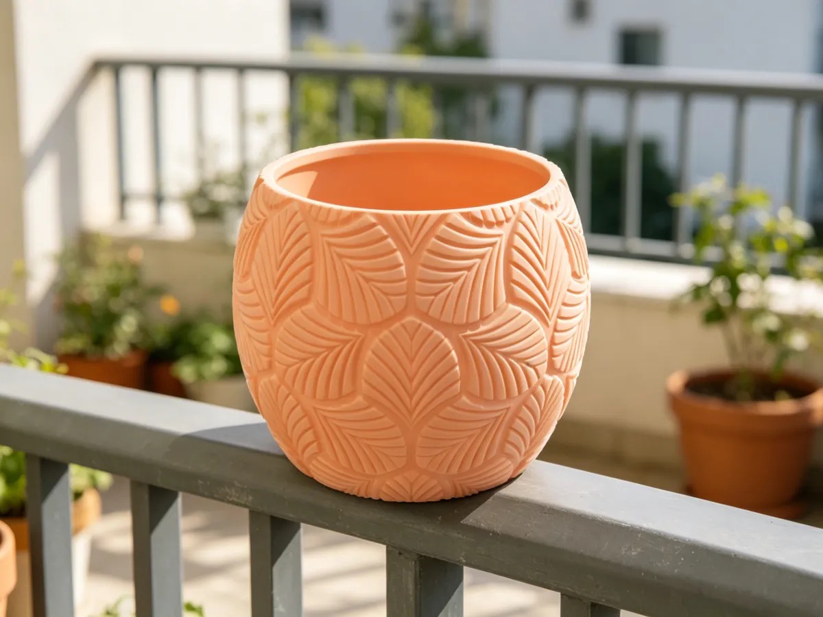 3D Baskı Yapraklı Desenli Yuvarlak Saksı Tepsili Süzdürmeli Bitki Saksısı 15 cm Dekoratif Çiçek - Turuncu