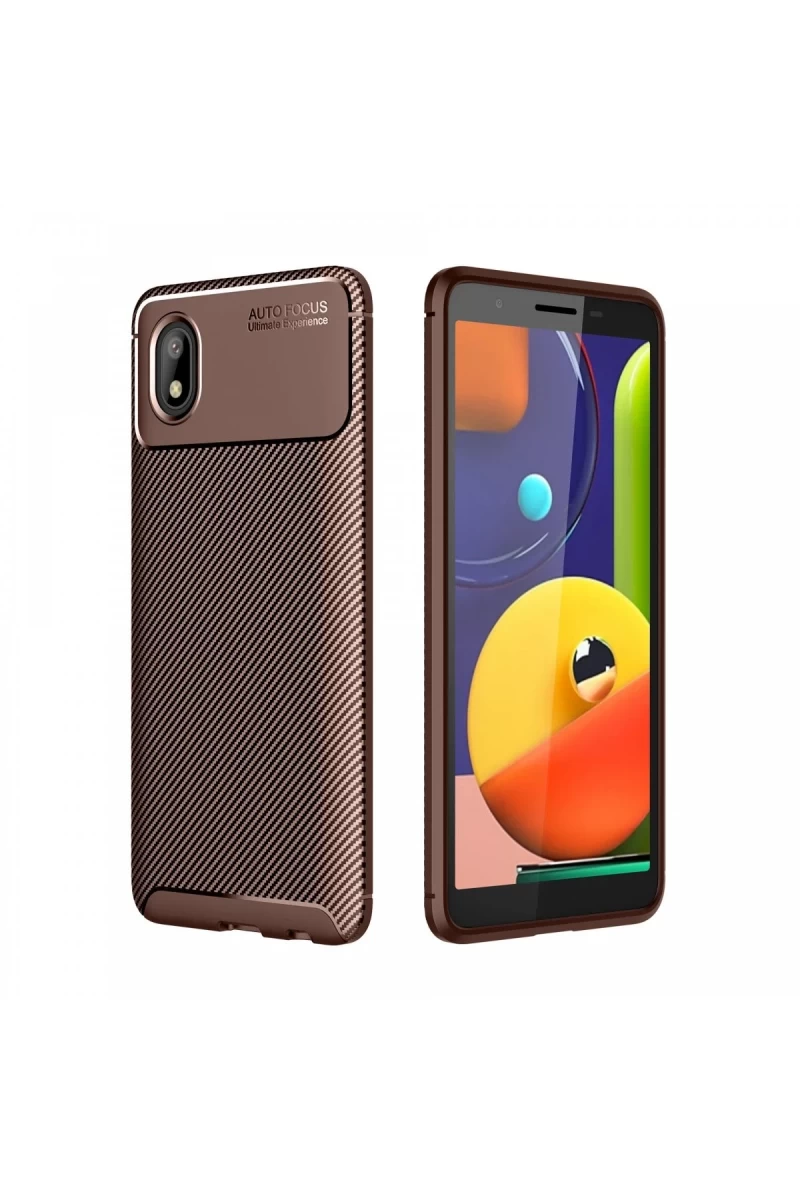 Samsung Galaxy A01 Core Uyumlu Kılıf Auto Focus Karbon Kapak - Kahverengi