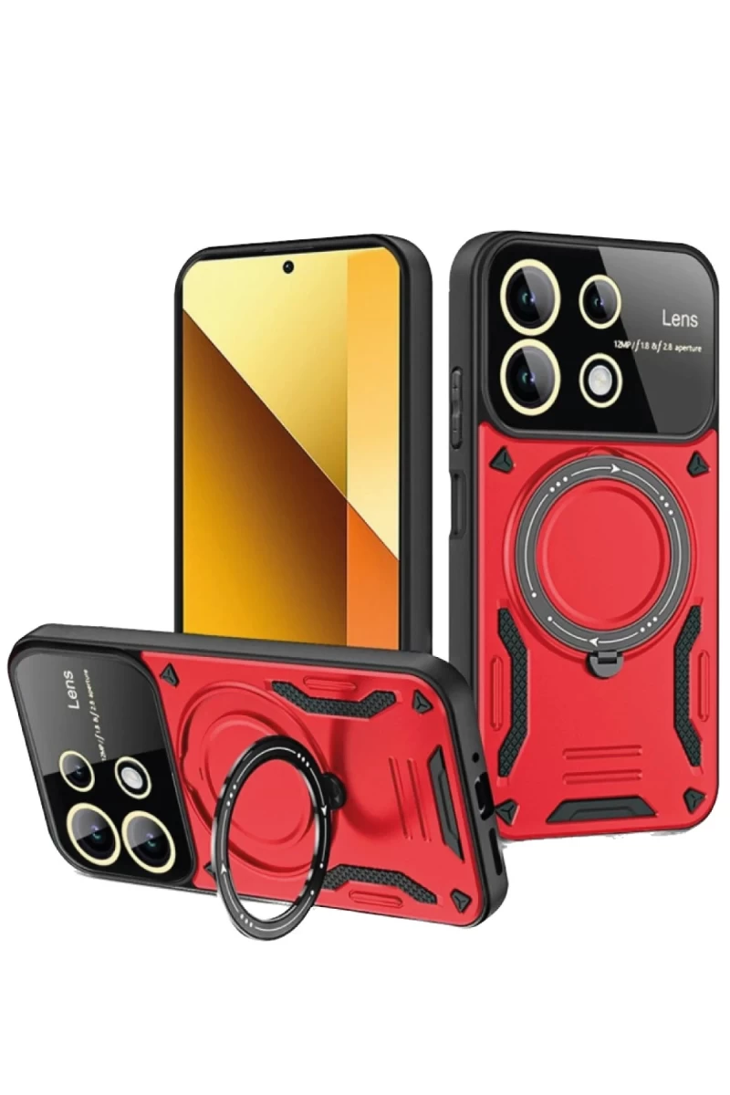 Xiaomi Redmi Note 13 4G Uyumlu Kılıf Joy Lens Standlı Kapak - Kırmızı