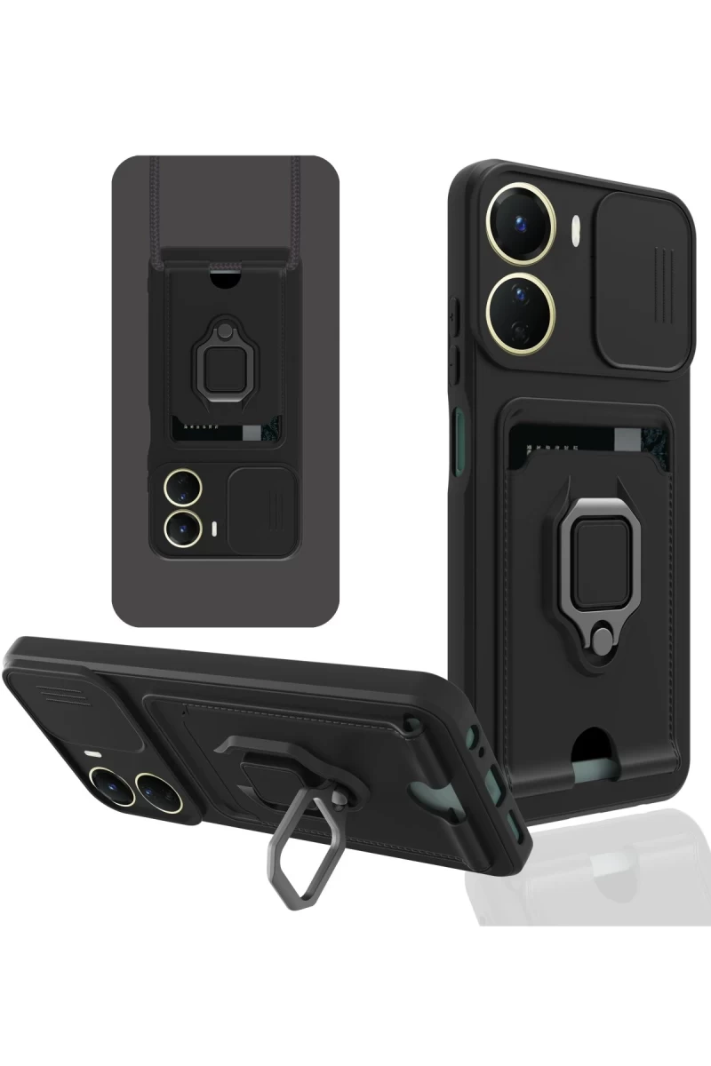 Vivo Y16 Uyumlu Kılıf Zuma Kartvizitli Yüzüklü Silikon - Siyah