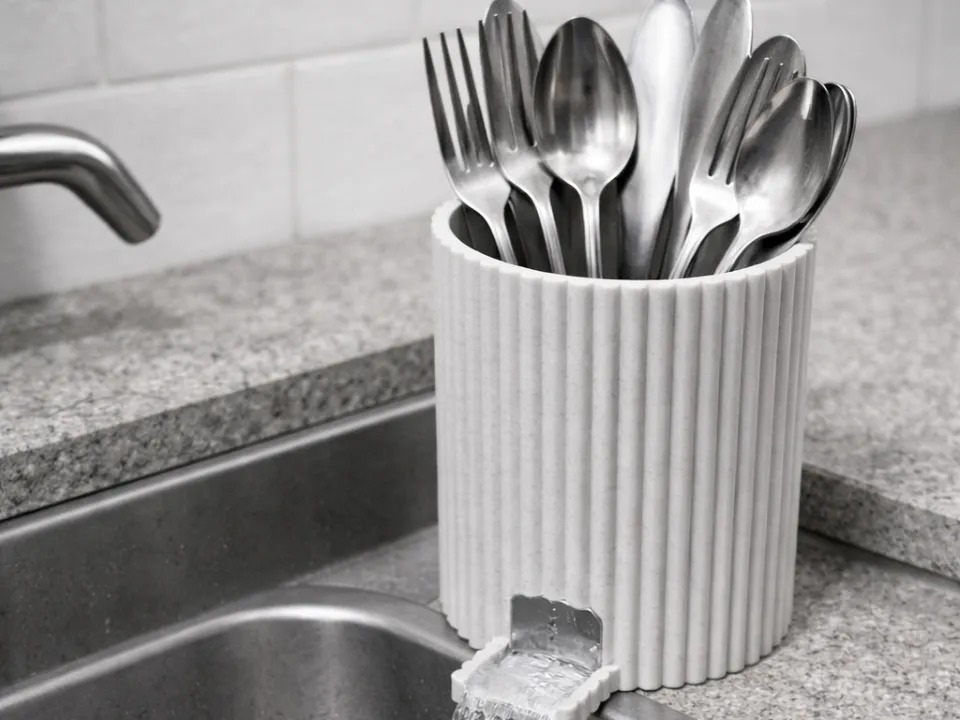3D Baskı Çizgili Kaşıklık Süzgeçli Kaşık Çatal Bıçak Tutucu Lavabo Kenarı Mutfak Gereç Kabı Beyaz 11 cm