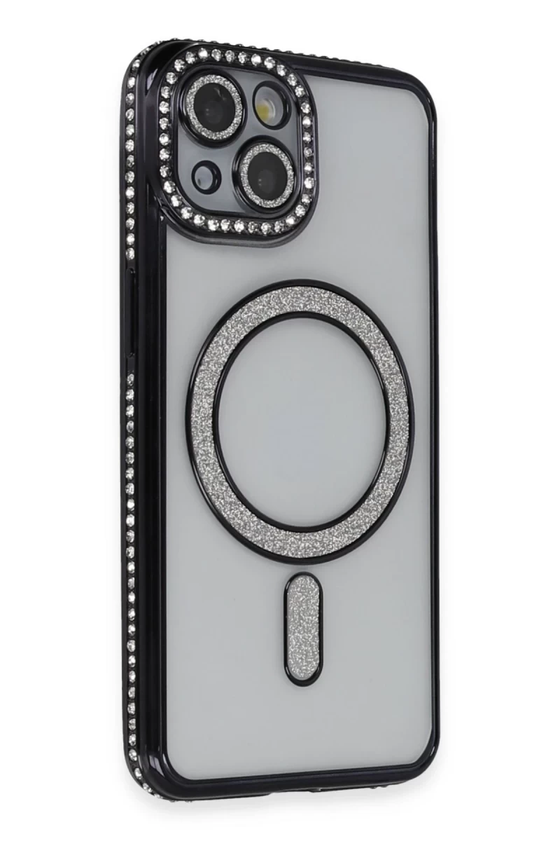 Apple iPhone 13 Uyumlu Kılıf Joke Simli Magneticsafe Kılıf - Siyah