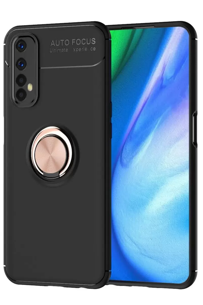 Realme 7 Uyumlu Kılıf Range Yüzüklü Silikon - Siyah-Gold