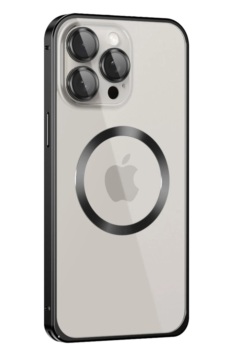 Joko Apple iPhone 15 Pro Max Uyumlu Kılıf Metal Bumper Magneticsafe Kapak - Siyah