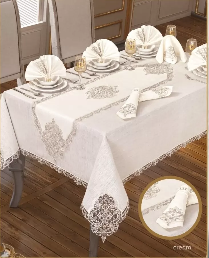 Elegant Linen Krem-Gümüş 12 Kişilik 26 Parça 160 × 260 cm Runner Premium Sofra Masa Takımı