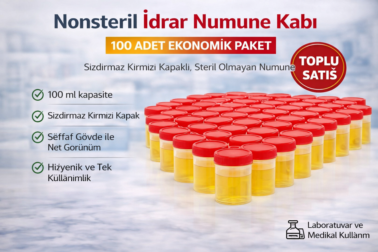 Nonsteril İdrar Numune Kabı 100 ml Sızdırmaz Kapaklı Steril Olmayan Numune Kabı Laboratuvar ve Medikal Kullanım 100 Adet