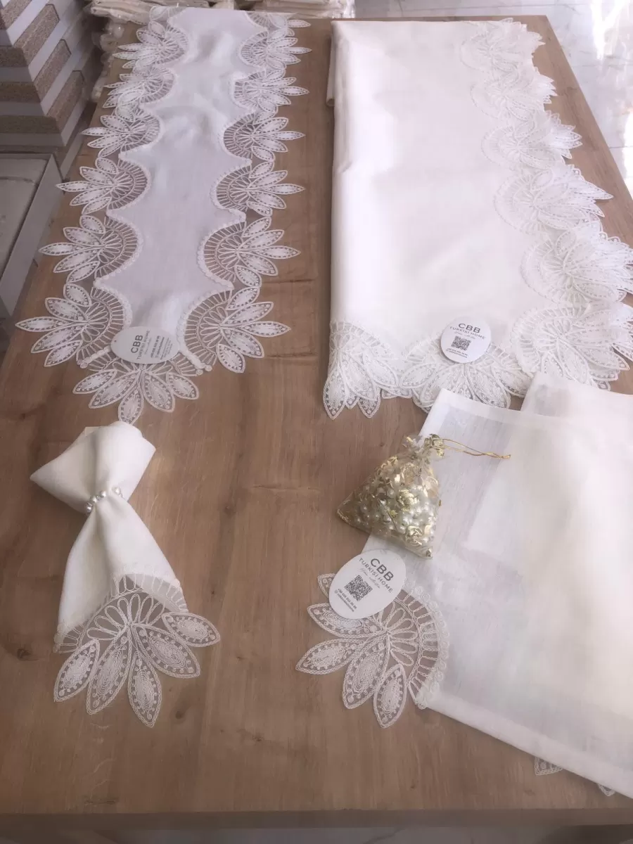 Sofra Takımı Lady Gardenya Keten Yemek Takımı 160x220 Masa Seti 26 Parça Runner Set Krem