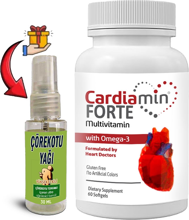Cardiamin Forte 1 Kutu Multivitaminli OMEGA3LÜ 60 Soft Jel Kapsüllü Formül + Çörek Otu Masaj Yağı 30 ml