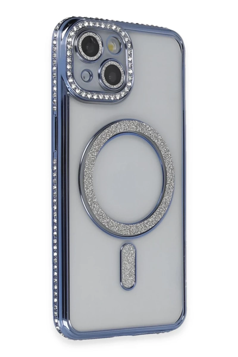 Apple iPhone 13 Uyumlu Kılıf Joke Simli Magneticsafe Kılıf - Mavi