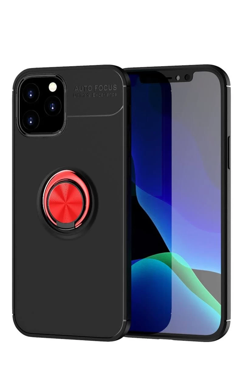 Apple iPhone 12 Uyumlu Kılıf Range Yüzüklü Silikon - Siyah-Kırmızı