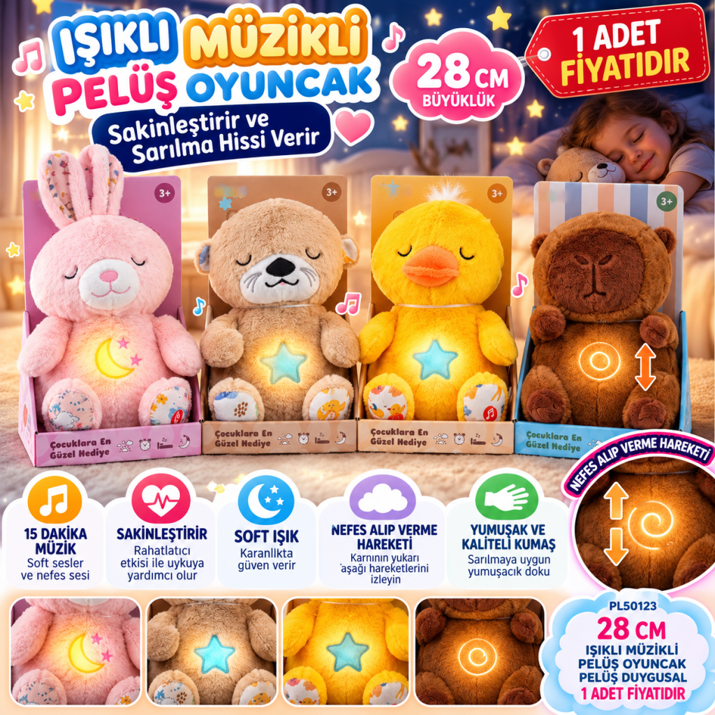 PL50123 28 CM IŞIKLI MÜZİKLİ PELUŞ OYUNCAK PELUŞ DUYGUSAL (adet fiyatıdır)