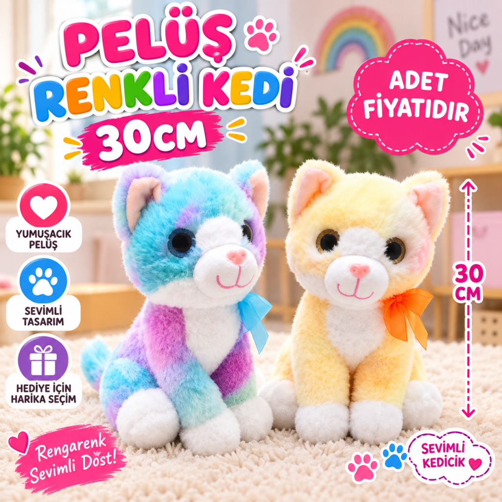 PELUŞ 30CM RENKLİ KEDİ (adet fiyatıdır)
