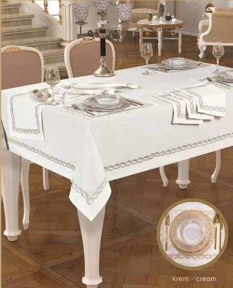 Matilda Krem-Gümüşsimli 8 Kişilik 10 Parça 160 × 260 cm Amerikan Servisli Sofra Takımı