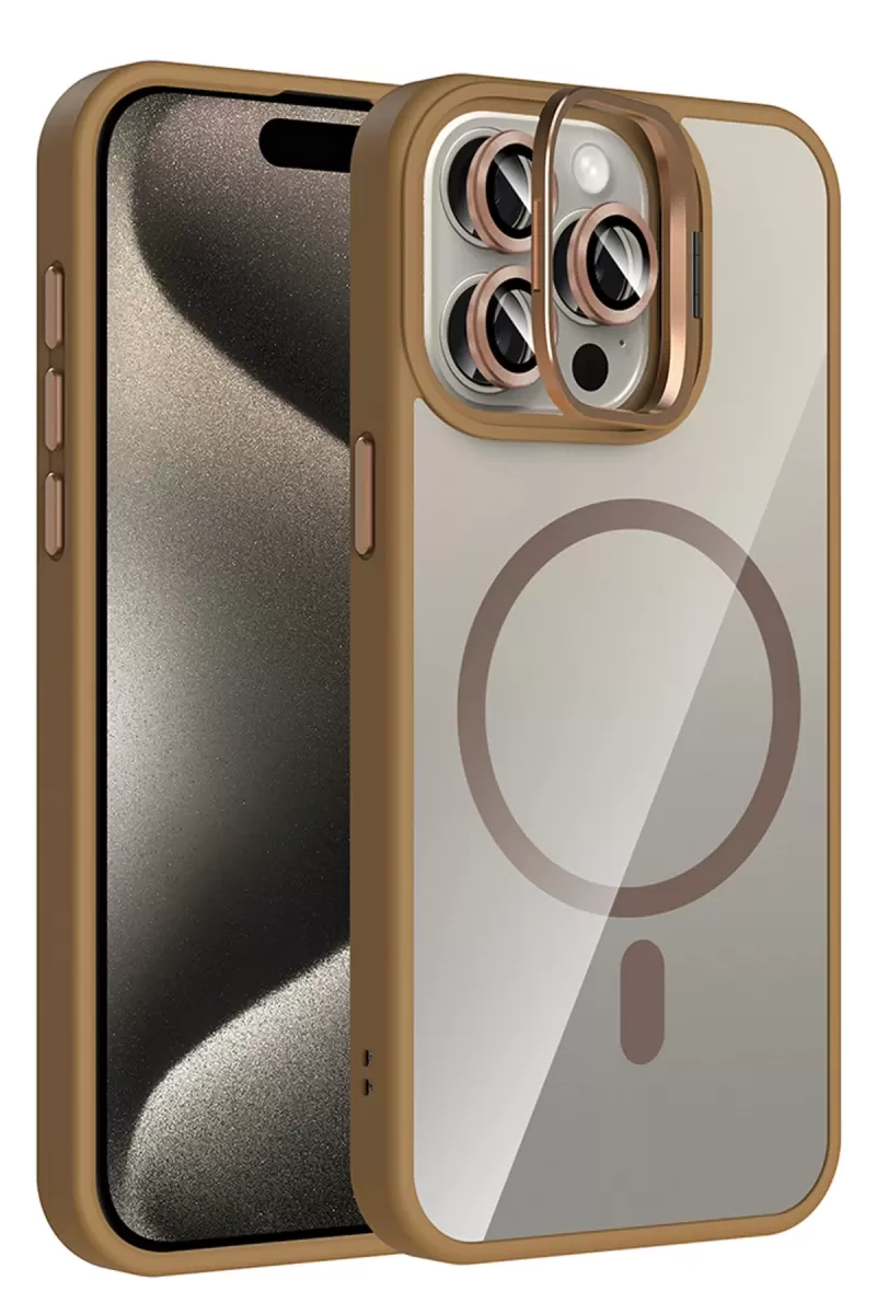 Joko Apple iPhone 15 Pro Max Uyumlu Remim Lensli Magsafe Standlı Kapak - Kahverengi