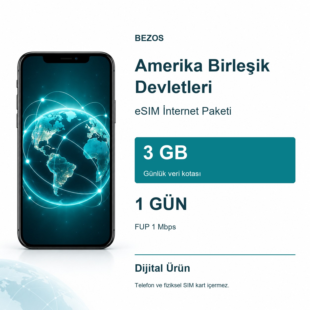 Amerika Birleşik Devletleri eSIM İnternet Paketi Günlük 3 GB 1 Gün - FUP 1 Mbps