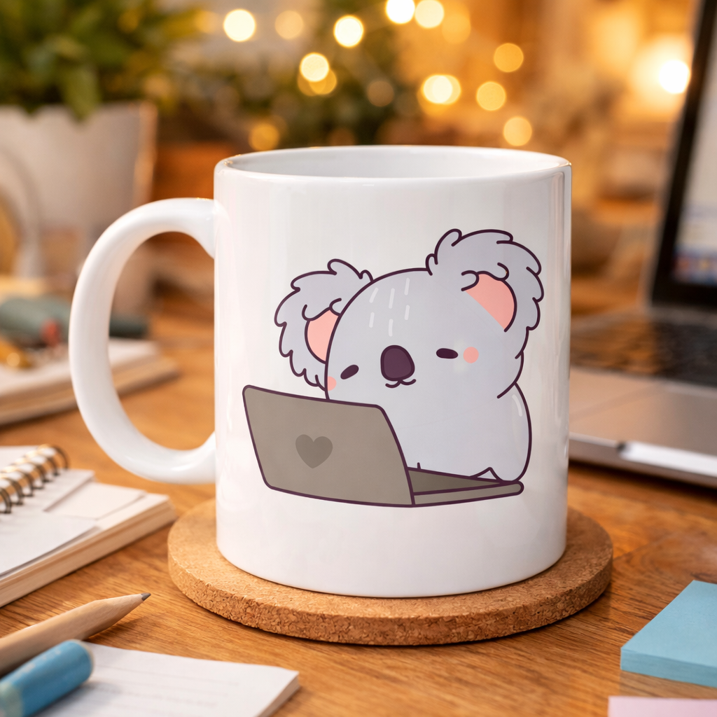 Laptoplu Koala Desenli Porselen Kupa MODEL 111 – Sevimli Ofis Kupası , Çalışanlara Özel Tatlı Hediye