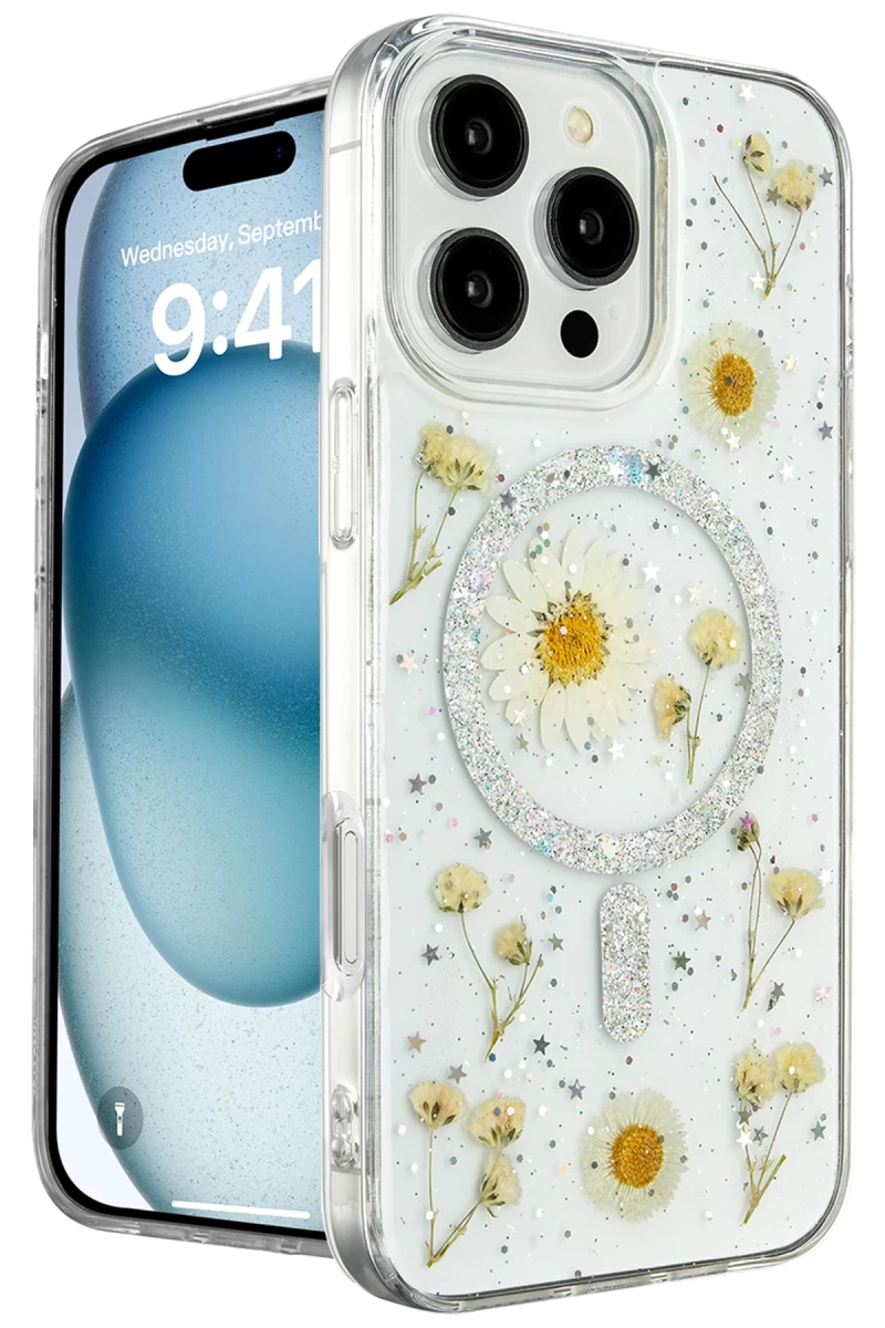 Apple iPhone 16 Pro Uyumlu Kılıf Daisy Simli Magsafe Kapak - Gümüş