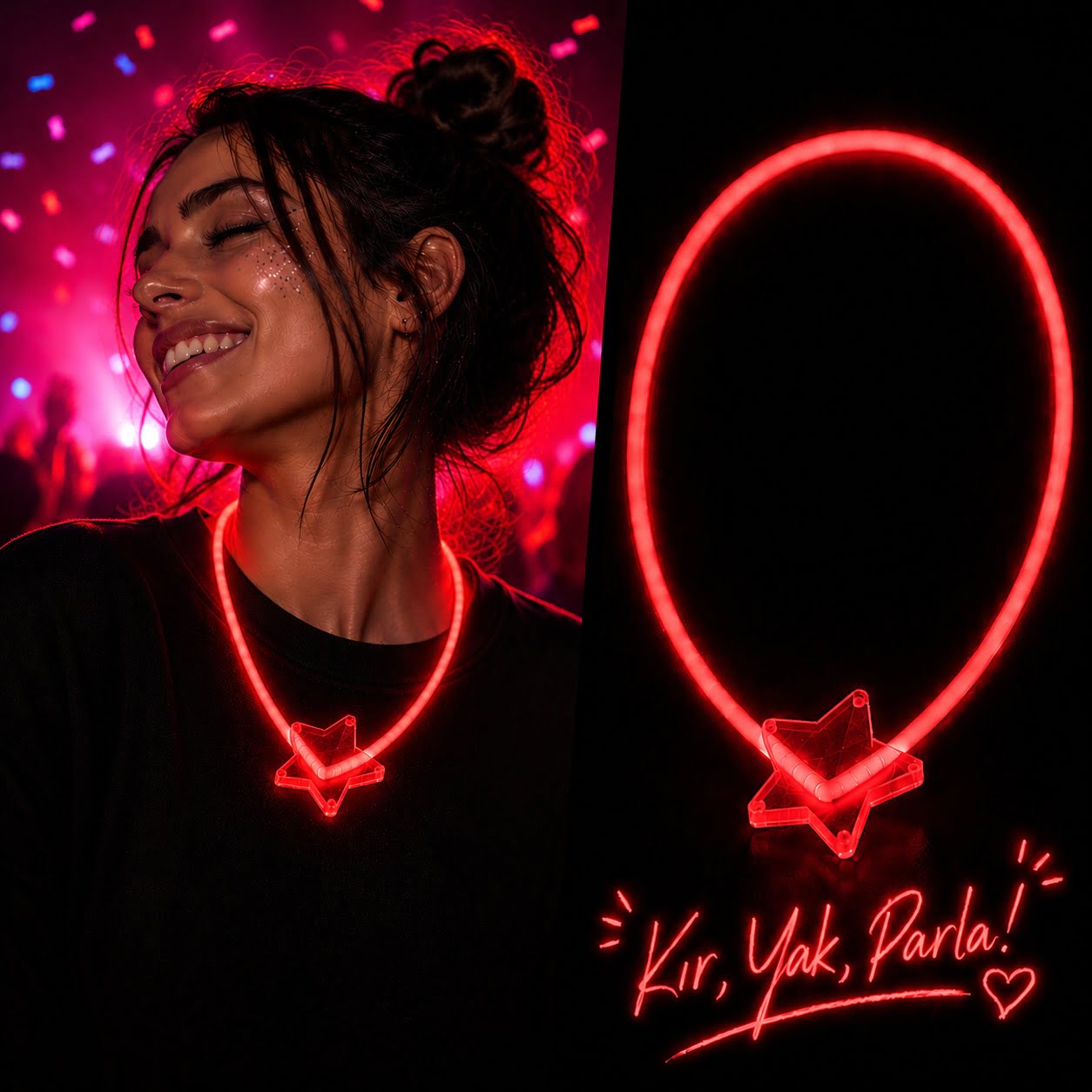 Fosforlu Yıldız Parti Kolyesi ? Neon Işıklı Kolye Kırmızı Renk