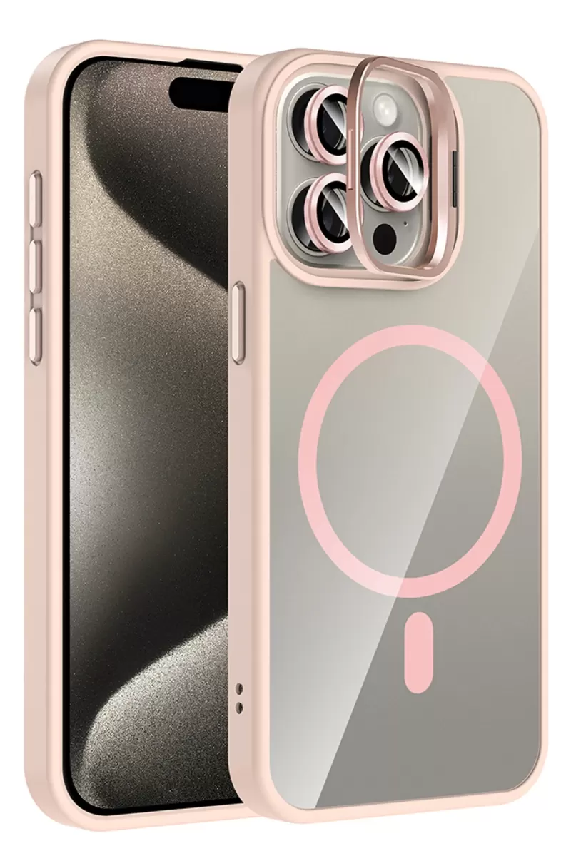 Joko Apple iPhone 15 Pro Max Uyumlu Remim Lensli Magsafe Standlı Kapak - Pembe