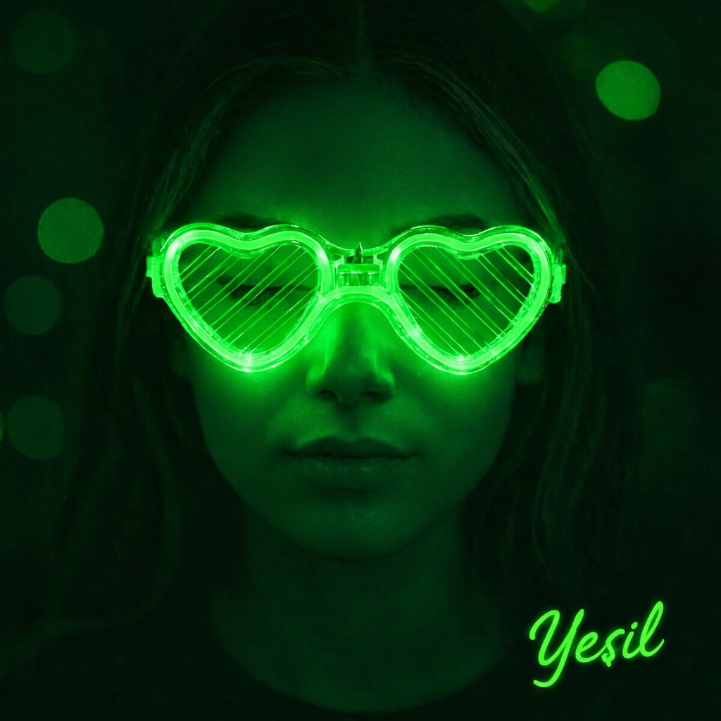 Yeşil LED Işıklı Kalp Gözlük ? 3 Modlu Parti & Glow Gözlüğü