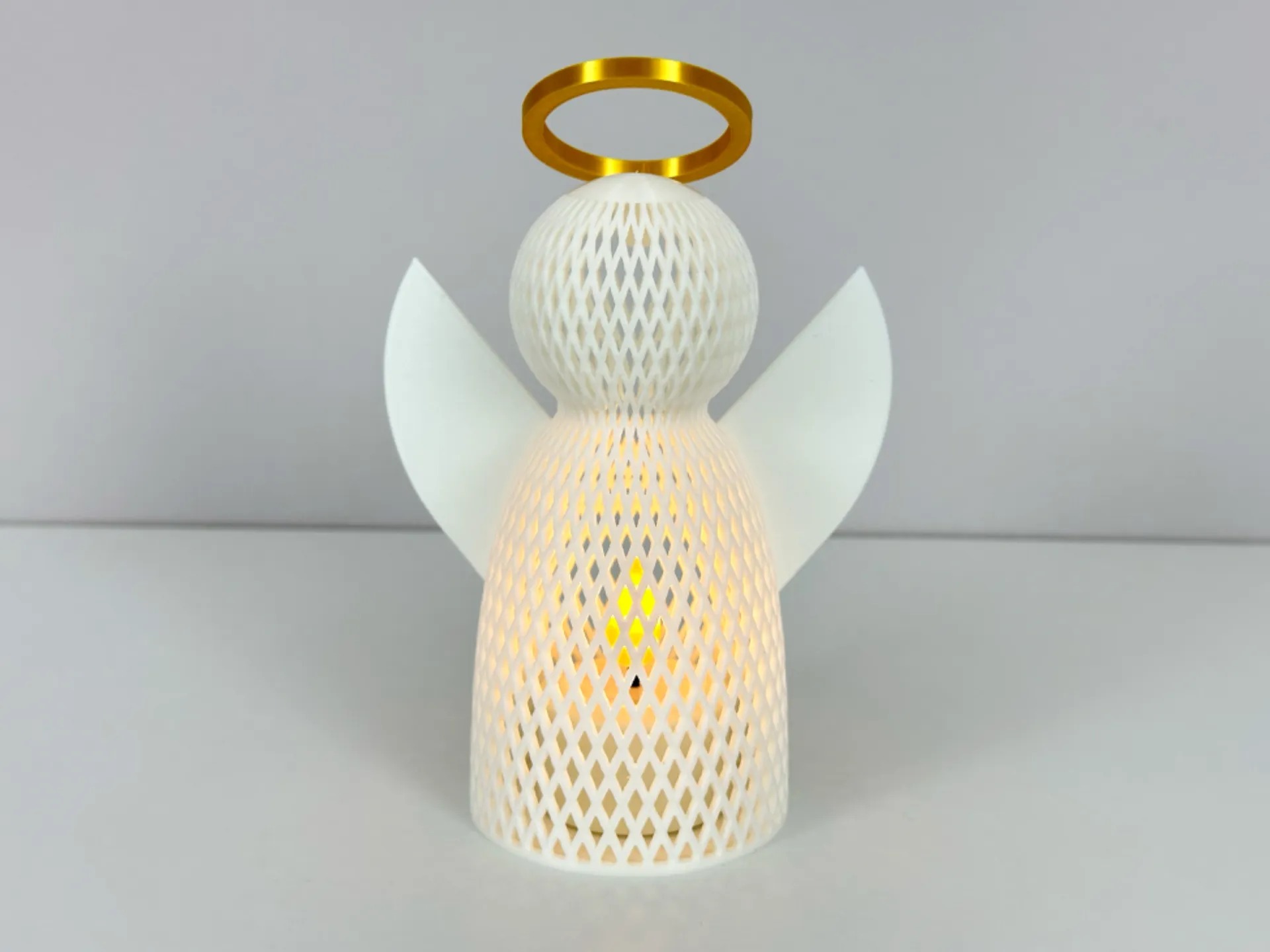 3D Baskı File Dokulu Melek Tealight Mumluk 14,5 cm Altın Haleli Dekoratif Fener Şamdan Masa Süsü