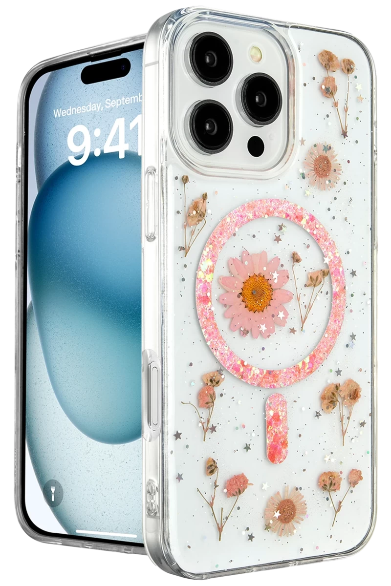 Apple iPhone 16 Pro Uyumlu Kılıf Daisy Simli Magsafe Kapak - Pembe