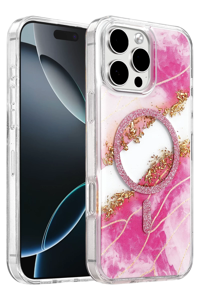 Onegif Apple iPhone 16 Pro Max Uyumlu Lotus Simli Magsafe Kapak - Pembe