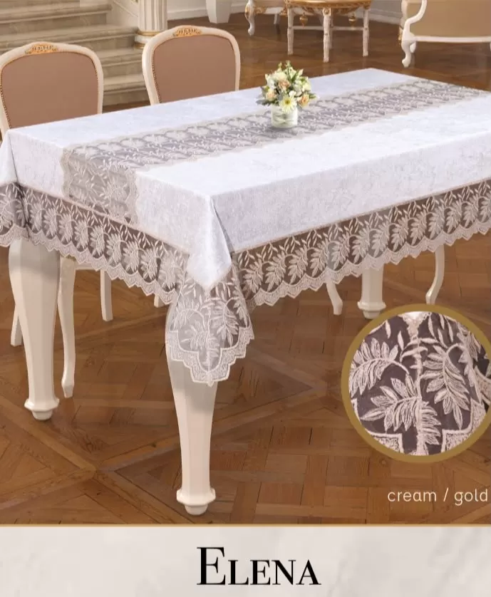 Keten İşlemeli Masa Örtüsü 160x220 cm Dantelli Yemek Masası Örtüsü Elena Model Krem-Gold
