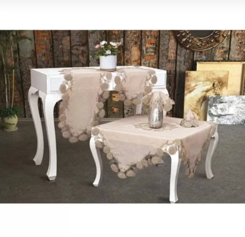 Çeyizlik Flowers Model Kapiçino 5 Parça Keten Dantelli Masa Örtüsü Runner Seti