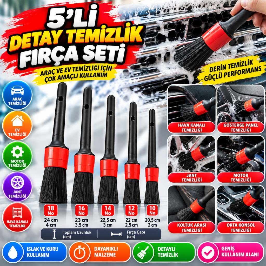 CM-648 Araba Temizlik Detay Fırçası 5li Set