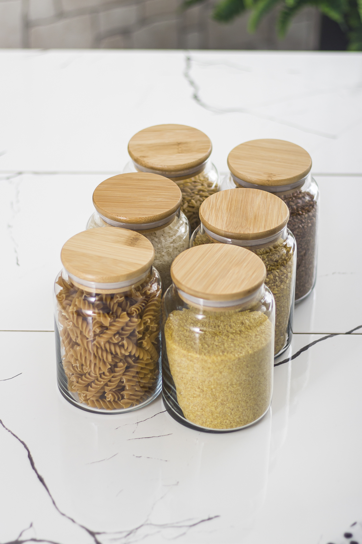 6 Lı Set Bambu Kapaklı Cam Kavanoz &amp; Erzak Saklama Kabı 800 ml Orta  Boy ( Vakum Kapak )